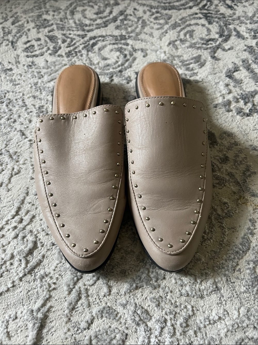 Calvin Klein Nude Tan Leather Studded Slip-On Mules